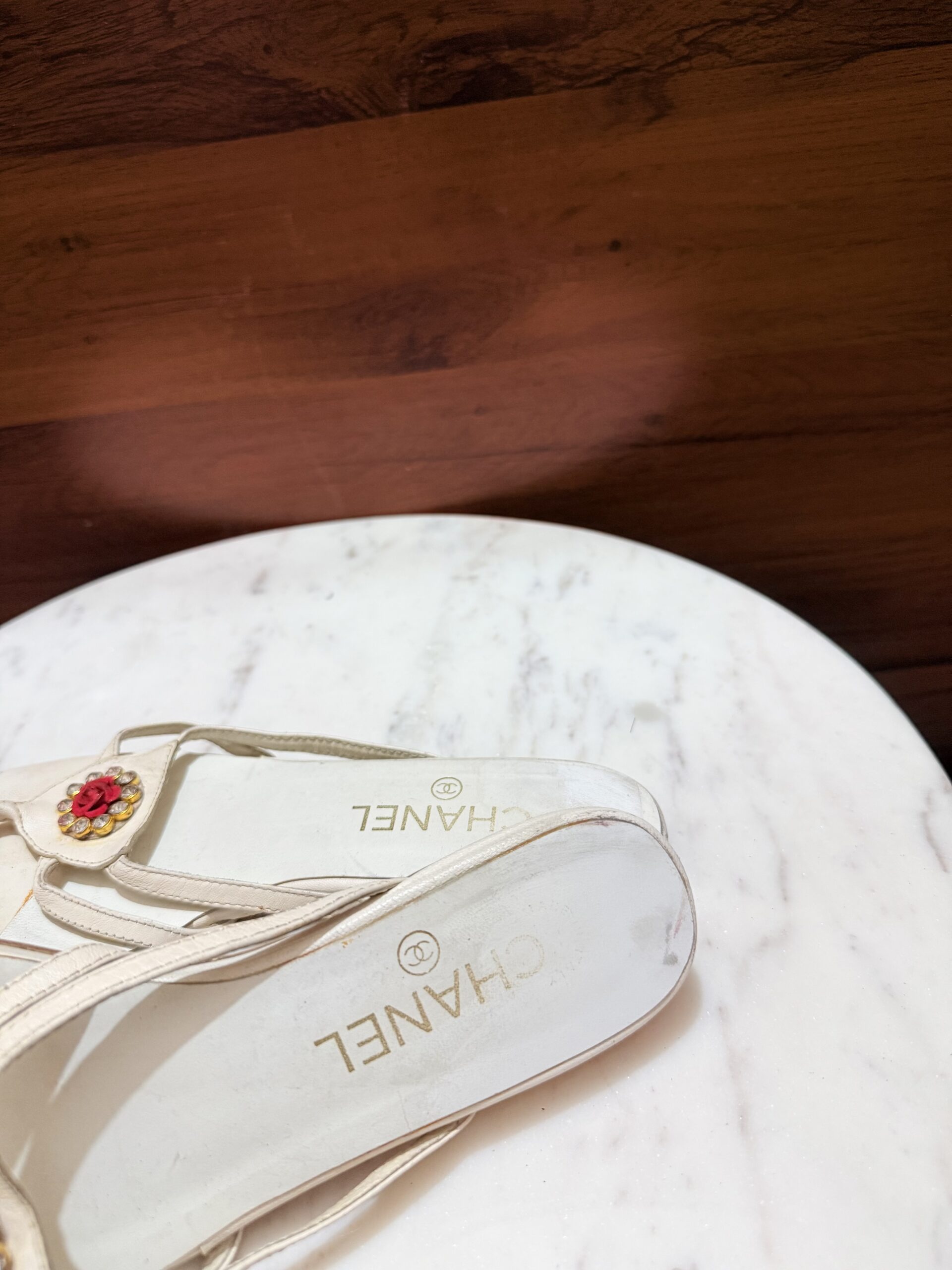 Chanel Camellia Embellished Thong Sandals – White / Red